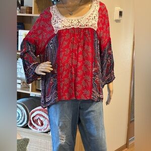 BILA BOHO Red and Blue Bohemian Top XXL Rayon